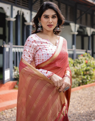 Satrani Woven, Embellished Mangalagiri Chiffon Saree(Orange)
