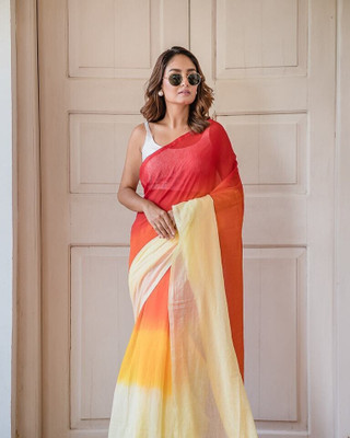 rudraCreation Digital Print Ikkat Cotton Linen Saree(Red)