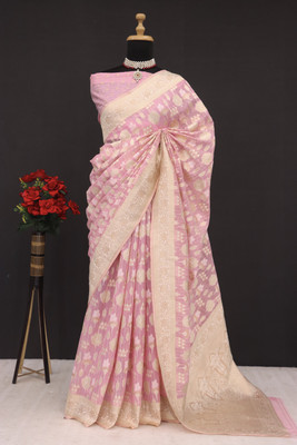 AAINA CREATION Printed Bollywood Tissue Saree(Pink, White)