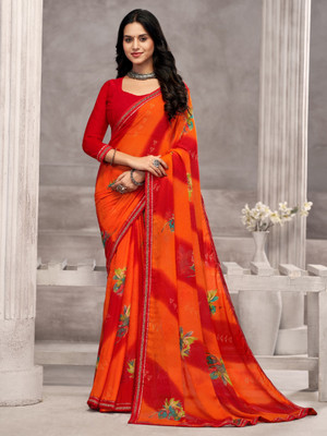 Tasrika Floral Print Bollywood Chiffon Saree(Orange)