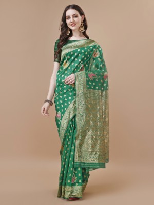 Magmina Woven, Floral Print, Geometric Print, Paisley, Self Design, Embellished Kanjivaram Cotton Silk Saree(Green)