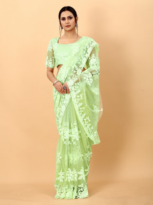 SILK SAREE HUB Embroidered Bollywood Net Saree(Light Green)