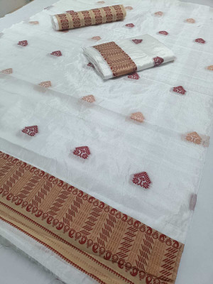 S P CREATION Woven Mekhela Chador Silk Blend Saree(White)