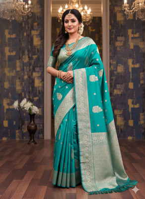 DRAVYA WOMEN Woven Kanjivaram Jacquard, Silk Blend Saree(Light Green)