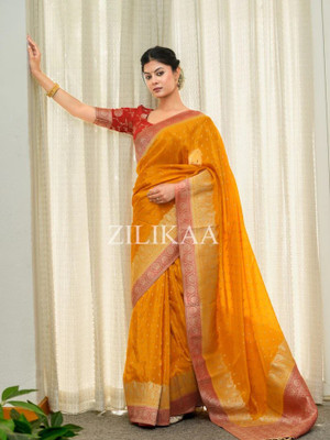 KRIYANSH Woven, Printed, Self Design, Temple Border, Applique, Striped Banarasi Jacquard, Cotton Silk Saree(Orange)