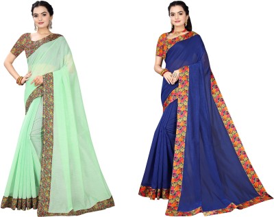 manish Solid/Plain Chanderi Cotton Blend Saree(Pack of 2, Blue, Light Green)