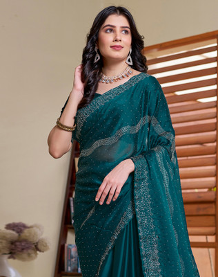 SIRIL Woven, Embellished, Self Design Bollywood Georgette, Chiffon Saree(Green, Silver)