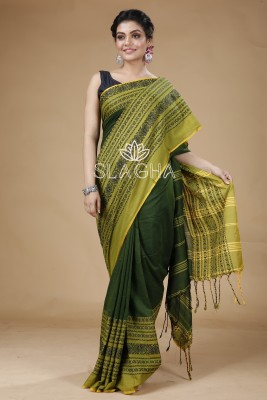 SLAGHA Woven Handloom Cotton Blend Saree(Green, Yellow)