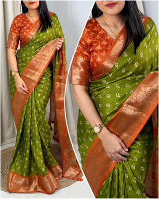 Chandan Fabrics Printed Bollywood Chanderi Saree(Green)