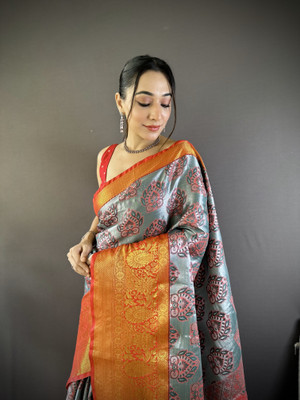 SHARDHA FASHION Woven, Embroidered, Embellished Banarasi Pure Silk Saree(Black, Yellow, Purple)
