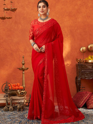 ANOUK Embellished Banarasi Chiffon Saree(Red)