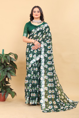VARNIFA SHIONZONE Floral Print, Printed, Woven Bollywood Cotton Silk Saree(Green)