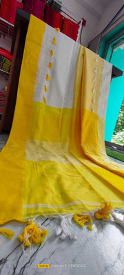 sdn Embroidered, Solid/Plain Handloom Pure Cotton Saree(White, Yellow)