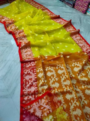 PRAVATI FASHION Woven Jamdani Muslin Saree(Yellow, Red)