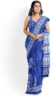 Kiaaron Hand Painted, Printed, Self Design, Blocked Printed Ikkat Pure Cotton Saree(Blue)