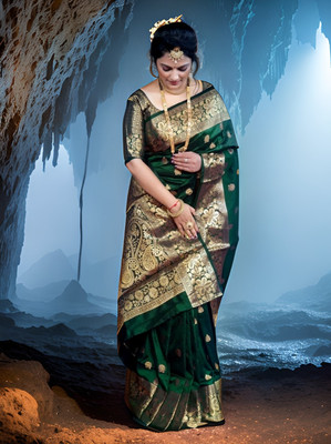 Domesca Printed, Woven Kovai Jacquard, Pure Silk Saree(Dark Green)