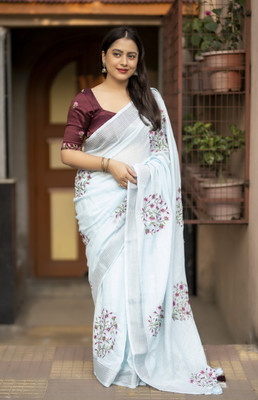 Tasrika Embroidered Bollywood Linen Saree(Light Blue)