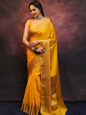 PHEASANT Woven Banarasi Jacquard Saree(Yellow)