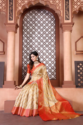 LAVYANSH CREATION Embellished Banarasi Silk Blend, Jacquard Saree(Cream)