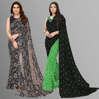 Anand Sarees Floral Print, Polka Print, Ombre, Printed Bollywood Georgette Saree(Pack of 2, Green, Black)