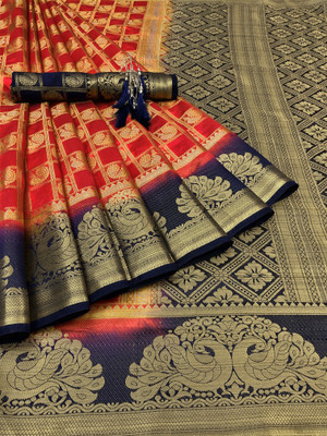 GajGajra Printed Arani Pattu Cotton Silk Saree(Red, Dark Blue)