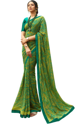 RAJESHWAR FASHION Printed Bollywood Georgette, Chiffon Saree(Light Blue, Green)