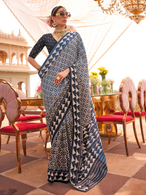 Sareemall Printed Ikkat Silk Blend Saree(Blue, White)