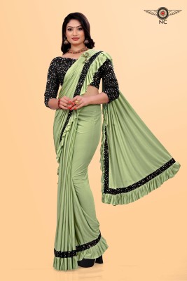 HouseOfCommon Embellished, Solid/Plain Bollywood Lycra Blend Saree(Light Green)