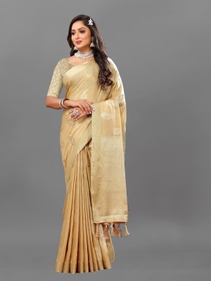 KRIYANSH Self Design, Woven, Printed, Temple Border, Striped Paithani Jacquard, Cotton Silk Saree(Cream)