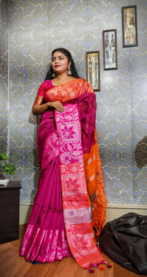 B & R CREATION Self Design Handloom Cotton Blend Saree(Purple)
