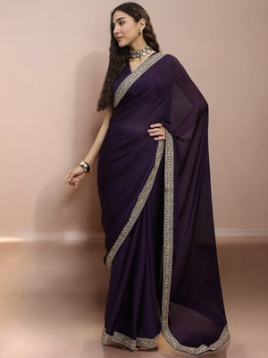 TTH Solid/Plain Bollywood Satin, Pure Silk Saree(Purple)