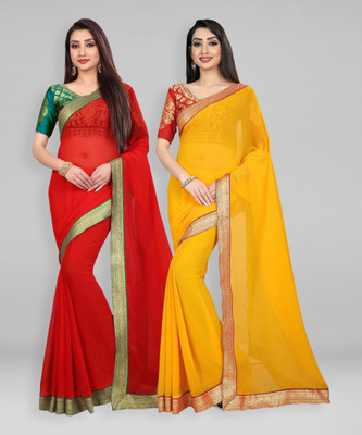 kashvi sarees Solid/Plain Bollywood Chiffon Saree(Pack of 2, Red, Yellow)