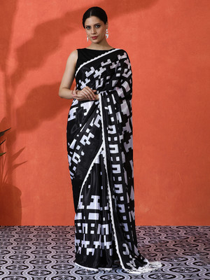 Sangria Printed Daily Wear Satin Saree(Black)