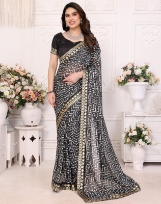 YASHIKA Printed Bollywood Georgette, Lace Saree(Black)