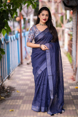 STAVA CREATION Embroidered Bollywood Linen Saree(Blue)