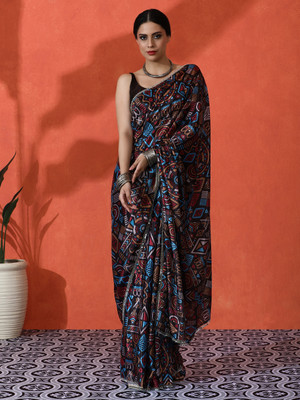 Sangria Printed Daily Wear Satin Saree(Black)