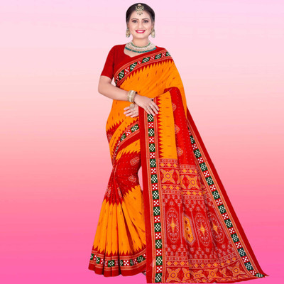 Sumit Textiles Digital Print Sambalpuri Cotton Blend Saree(Yellow, Red)