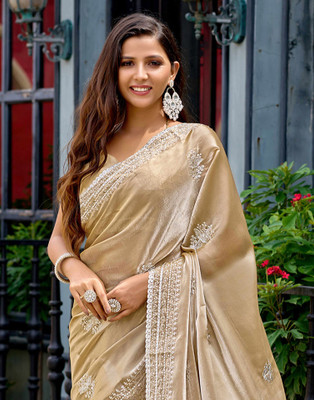 Satrani Embellished, Embroidered Bollywood Tissue Saree(Beige)