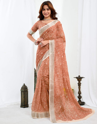Satrani Floral Print, Geometric Print, Embellished Bollywood Linen Saree(Brown)