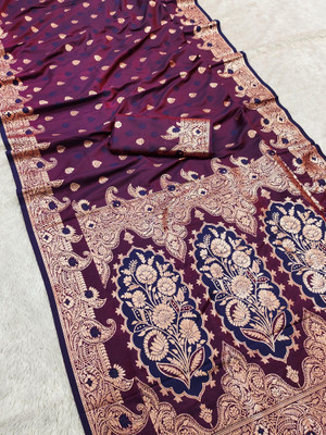 Bansari Textiles Self Design, Woven, Solid/Plain, Embroidered Banarasi Silk Blend Saree(Maroon)
