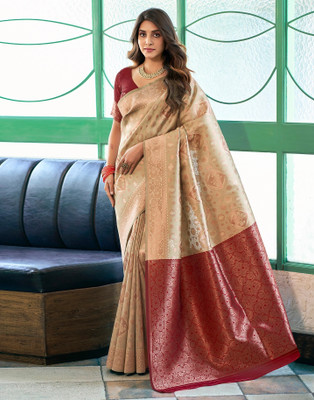 SATQ Woven Banarasi Silk Blend, Jacquard Saree(Beige, Maroon)