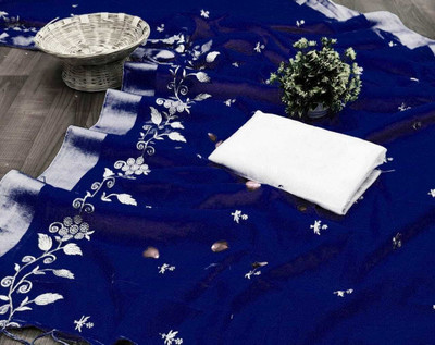 GLOWMOROUS Embroidered Chanderi Chanderi Saree(Dark Blue)