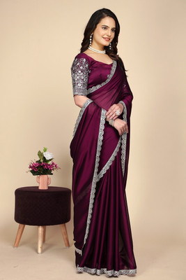 JIVI CLOTHING Embroidered, Solid/Plain Bollywood Chiffon Saree(Purple)