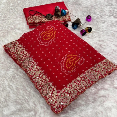 zili Printed Bandhani Georgette Saree(Red)