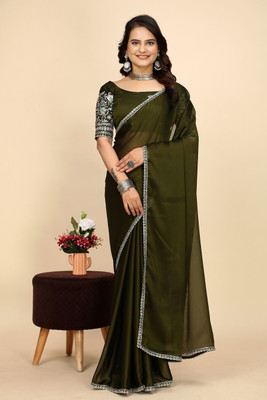 JIVI CLOTHING Solid/Plain Bollywood Chiffon Saree(Dark Blue)