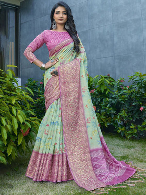 Sareemall Printed Banarasi Silk Blend Saree(Green)