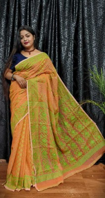 OWALID Self Design Jamdani Cotton Silk Saree(Orange)