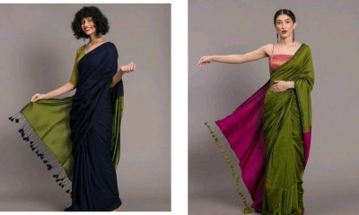 Maa baharati saree Color Block Handloom Cotton Silk Saree(Pack of 2, Dark Blue, Green)