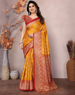 YASHIKA Printed Banarasi Art Silk Saree(Yellow, Red)