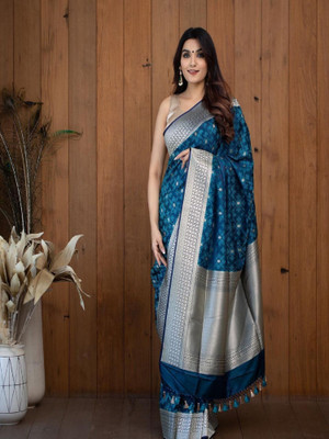 Julee Solid/Plain Banarasi Pure Silk Saree(Blue)
